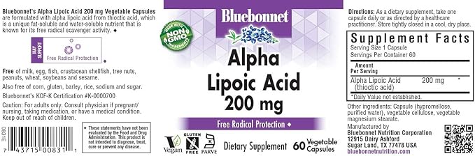 Bluebonnet Alpha Lipoic Acid 200mg - Powerful Antioxidant Nerve Support Supplement - For Women & Men Daily - Non-GMO, Vegan, Kosher - Gluten-Free, Soy-Free, Dairy-Free - 60 Vegetable Capsules