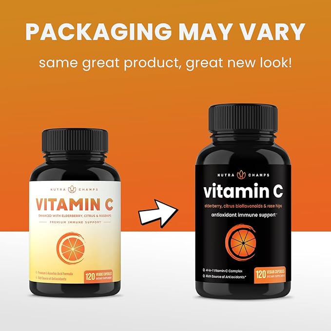 NutraChamps (2 Pack) Vitamin C 1000mg with Elderberry, Citrus Bioflavonoids & Rose Hips - 120 Capsules Vegan, Non-GMO Antioxidant Supplement for Immune Health & Collagen Production 500mg Powder Pills