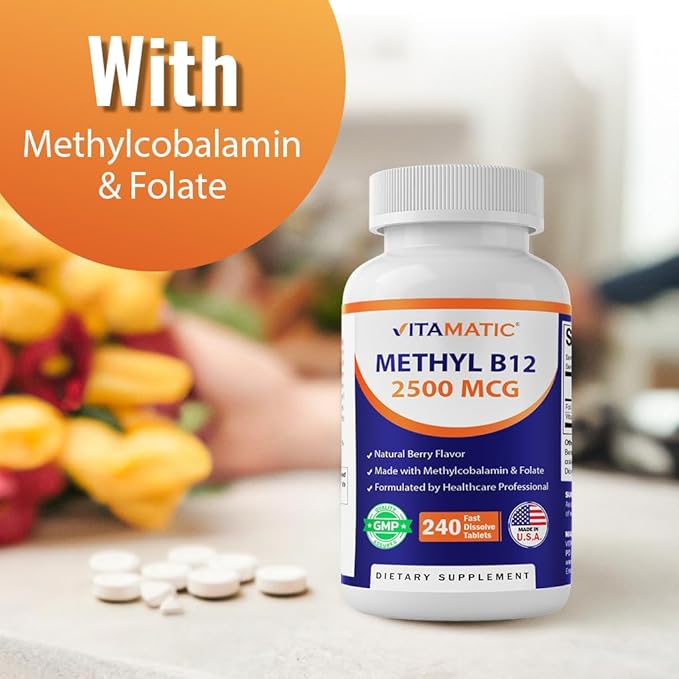 Vitamatic Methyl B12 2500 mcg with Folic Acid – Natural Berry Flavor – 240 Fast Dissolve Tablets – Methylcobalamin Vitamin B12 for Energy & Nervous System Support – Vegan & Non-GMO Supplement