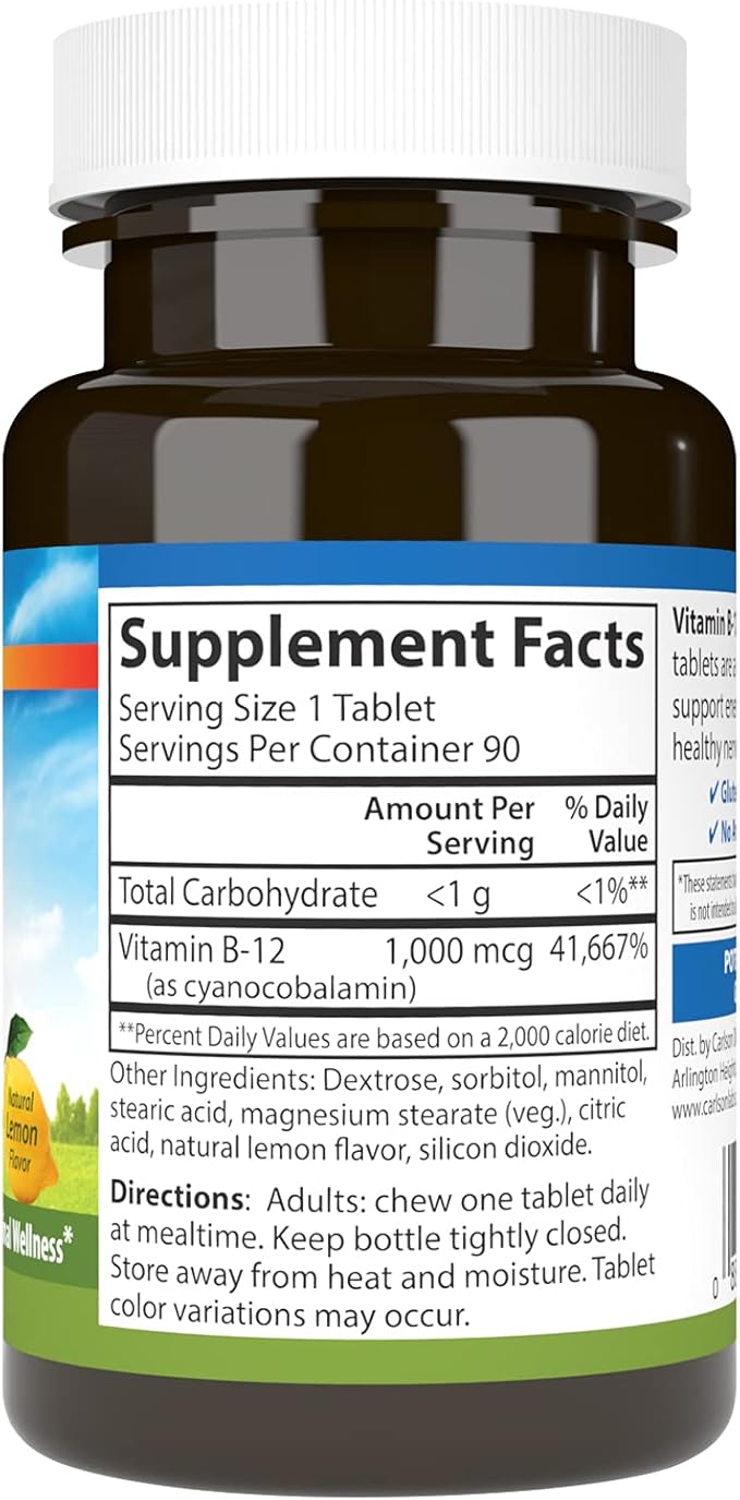 Carlson - Chewable B-12, 1000 mcg, Energy Production & Nerve Function, Optimal Wellness, Lemon, 90 Tablets