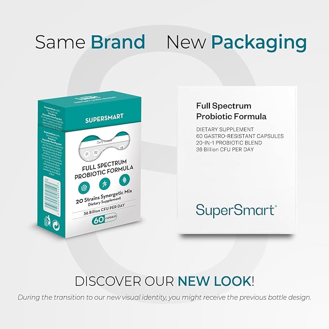 Supersmart Full Spectrum Probiotic Formula 36 Billion CFU per Day (20-in-1 Complex) - with Lactobacillus Reuteri, Gasseri, Rhamnosus, Crispatus | Non-GMO & Gluten Free - 60 Vegetarian Capsules