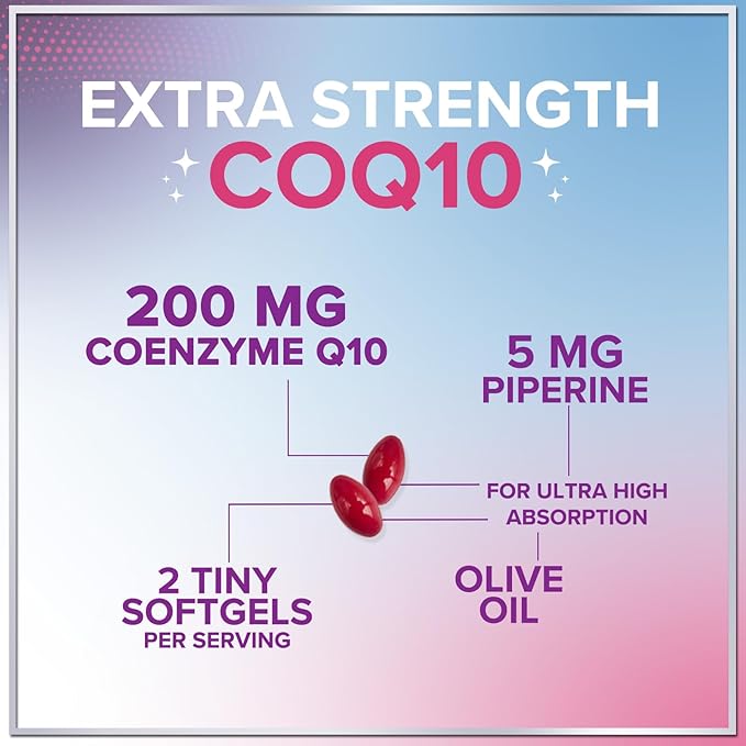 Coenzyme Q10 200mg per Serving Supplement - Ultra High Absorption, Antioxidant for Heart Health & Energy Production Support - CoQ10 (Ubiquinone) Co Q 10 Supplement & Vitamins 100mg Each - 120 Softgels