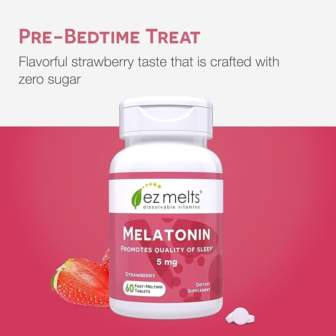 EZ Melts Melatonin - Sleep Support Supplement - No Artificial Flavors - Non-GMO & Sugar-Free - Strawberry - 120 Dissolvable Tablets (120 Servings)
