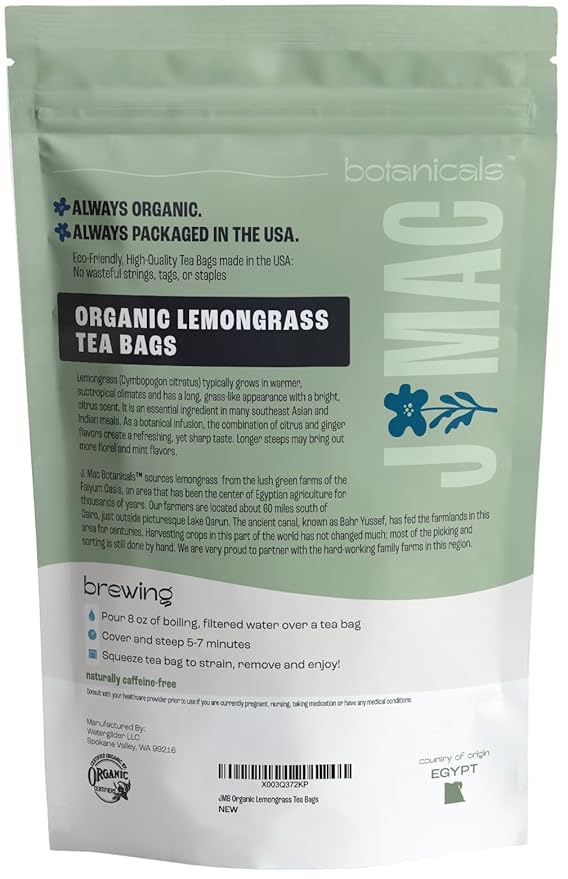 J Mac Botanicals, Organic Lemongrass Tea Bags (50 Count) - Certified by Organic Certifiers, Inc. - Quality Tea From Nile Valley, Egypt, Packaged in the USA