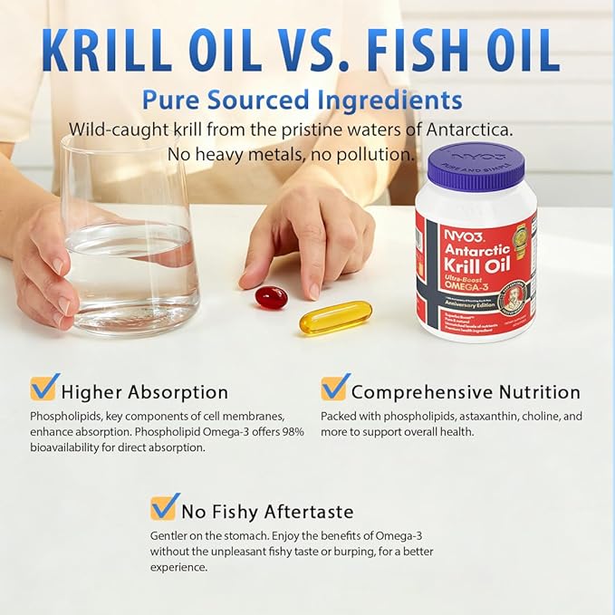 NYO3 Pure Antarctic Krill Oil Omega 3 Supplement, 56% Phospholipids for Maximum Nutrient Delivery, Upgraded Fish Oil with Choline & Antioxidant Astaxanthin for Heart Brain, No Fishy Burps, 90 Softgels