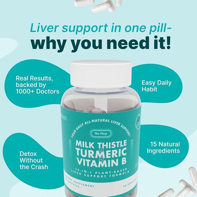 The Plug Liver Cleanse Detox & Repair Milk Thistle (Silymarin), Turmeric, Dandelion Root & Vitamin B– Herbal Capsules for Liver, Digestive & Immune Support – Non-GMO, Gluten-Free, Kosher – 60 Capsules