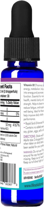 Life Solutions Vitamin B1 Dropper 2 oz - Thiamine B1 Supplement - Essential B1 Vitamins for Energy Boost and Nervous System Support - Liquid Formula for Easy Absorption