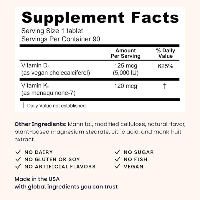 EZ Melts Dissolvable Vegan Vitamin D3 + K2 5,000 IU - Bone & Heart Health Support - Immune Function Support - No Artificial Flavors - Non-GMO - Green Apple - 90 Dissolvable Tablets (90 Servings)