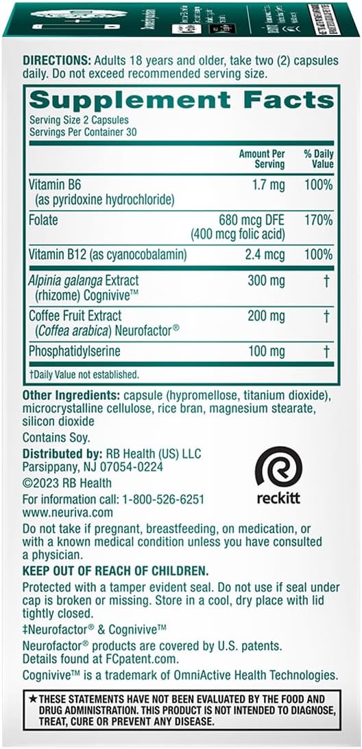 NEURIVA Ultra Decaf Clinically Tested Nootropic Brain Supplement for Mental Alertness, Memory, Focus & Concentration, Cognivive, Neurofactor, Phosphatidylserine, Vitamin B6 B12, 60 Caps (2 Pack)