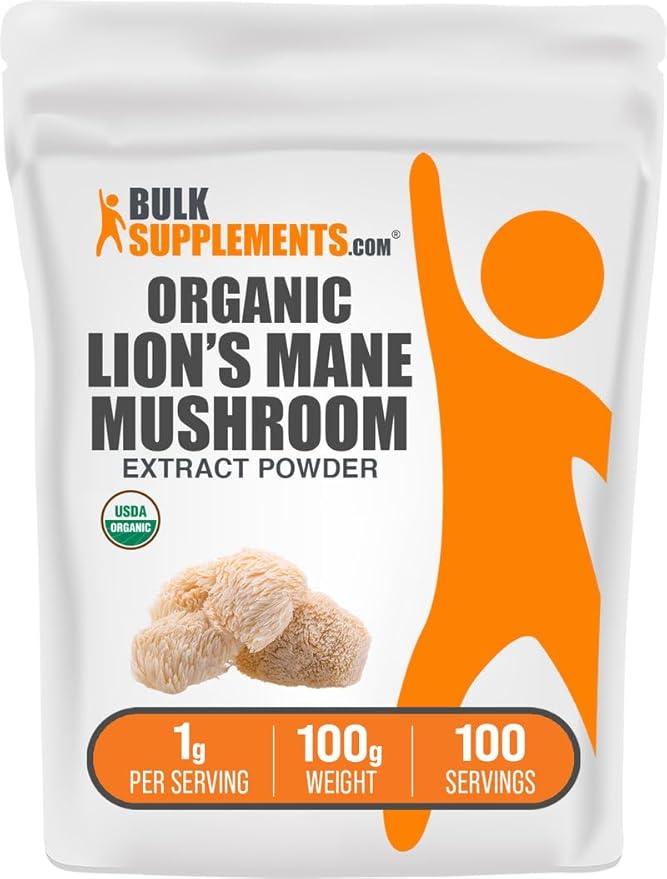 BulkSupplements.com Organic Lion's Mane Mushroom Extract Powder - Lions Mane Supplement Powder, Superfood for Well-Being - Vegan, 1g per Serving, 100g (3.5 oz) (Pack of 1)