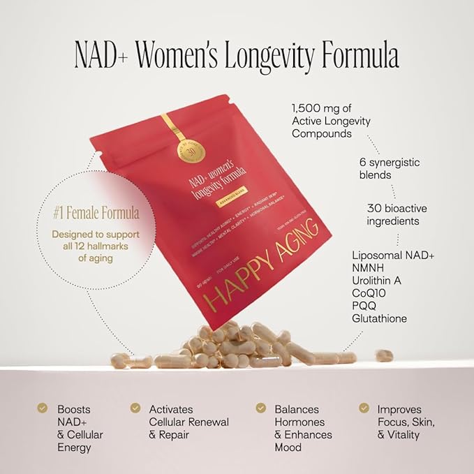 Happy Aging NAD+ Supplement for Women | NAD Booster with NMN, NMNH, NR, Resveratrol, CoQ10 – Supports Energy, Focus, Skin Glow & Daily Vitality, 30-Day Supply