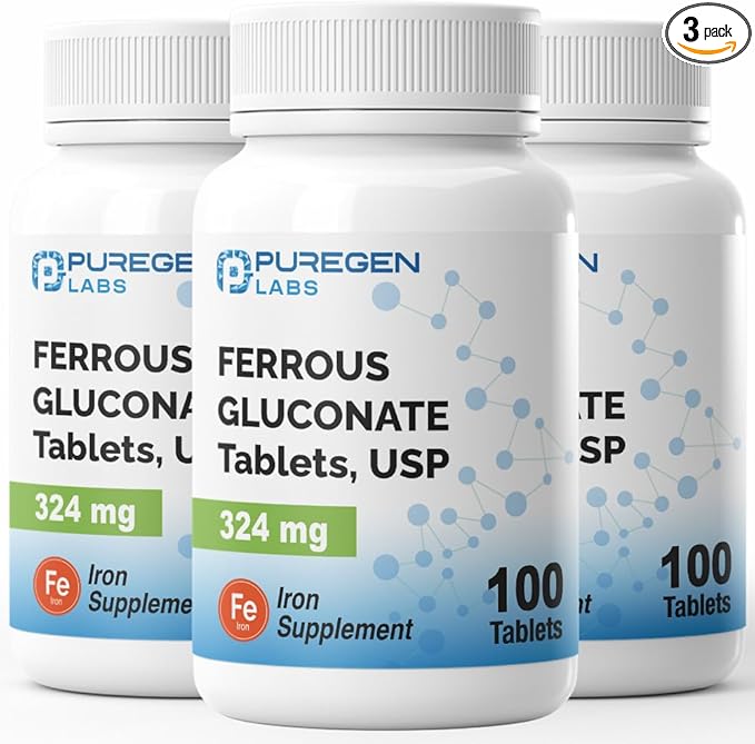 Puregen Labs Ferrous Gluconate 324 mg [High Potency] Iron Supplement, Gentle on Stomach | 3 Pack - 300 Tablets Total