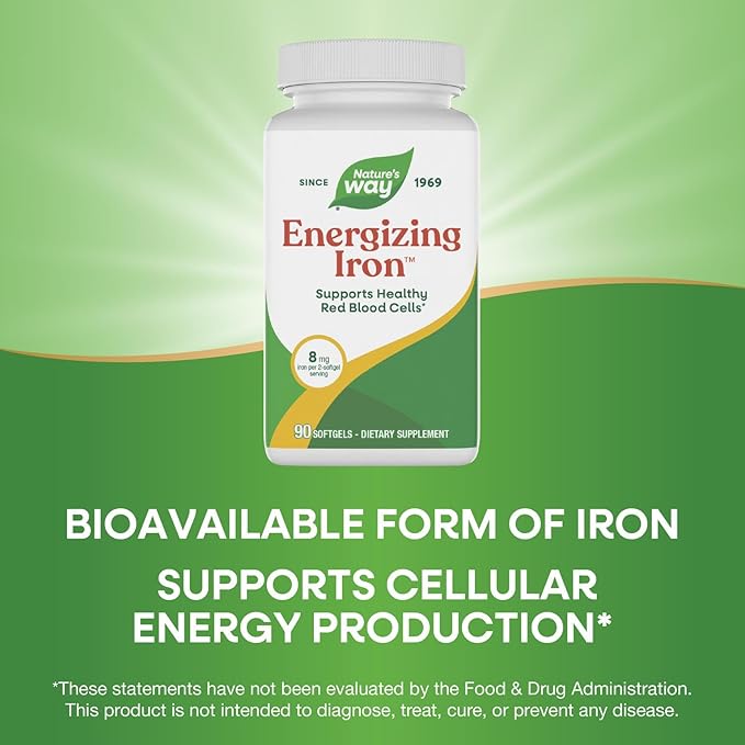 Nature's Way Energizing Iron - Red Blood Cell Support* - 8 mg Iron, -200 mcg of Cyanocobalamin & Vitamin B12 per 2-Softgel Serving - Gluten Free - 90 Softgels
