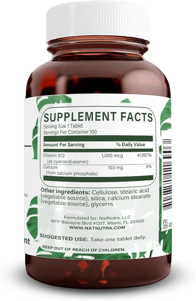 Natural Nutra Vitamin B12 1000 mcg, Promote Heart & Nerve Health, Cobalamin B12 Supplement, Calcium Phosphate, Help in Metabolism Health, Optimal Absorption, Gluten Free, Sugar Free, 100 Vegan Tablets