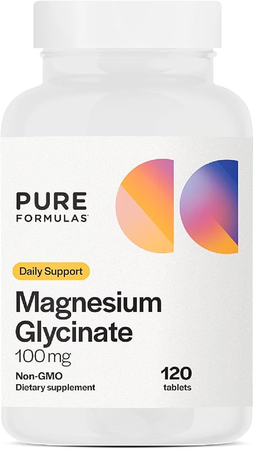 PureFormulas Magnesium Glycinate 100 mg Daily Support for Stress, Nerves, Sleep, Muscles, Metabolism Pure Magnesium Glycinate Supplement for Women and Men Magnesio Non-GMO 120 Tablets