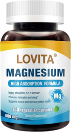 LOVITA Triple Magnesium Complex 500mg, High Absorption and Potency Formula, Glycinate, Citrate & Oxide, Support Sleep, Relaxation, Heart, Nerves & Bone Health, 180 Vegan Capsules