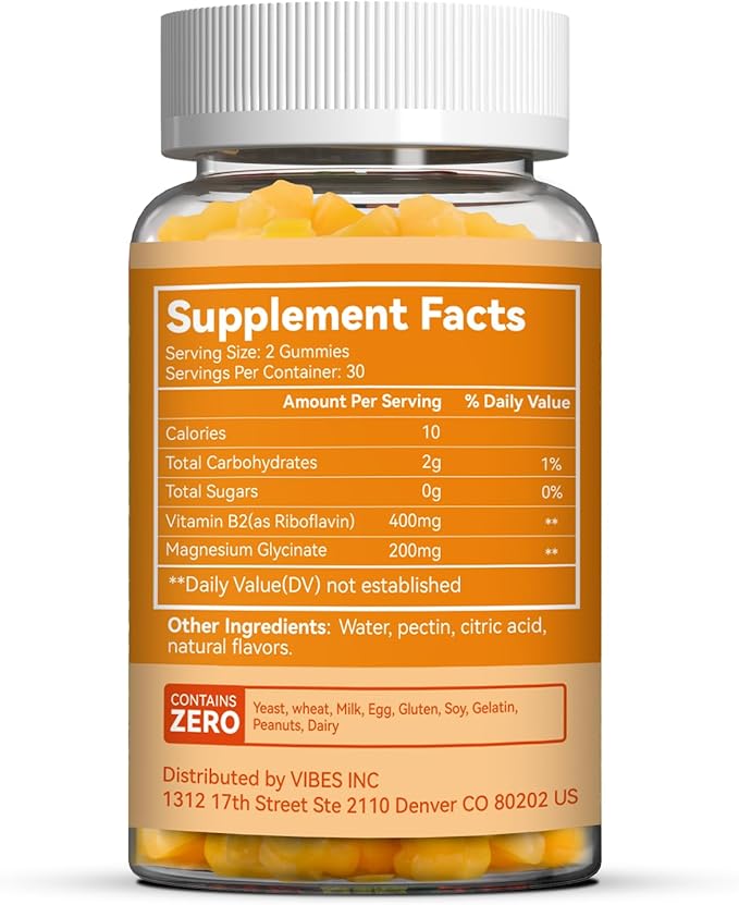 2 Pack Vitamin B2 Gummies, Chewable Riboflavin 400mg Supplement with Magnesium for Adults, Migraine Relief* & Nervous System Support*, Vegan - 120 Counts