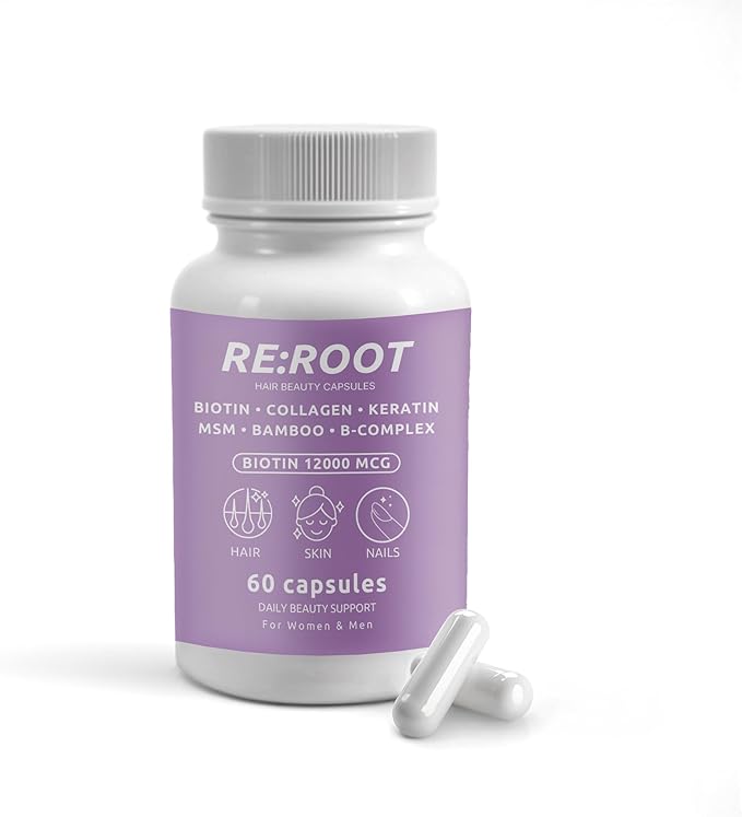 RE:ROOT Hair Growth Supplement – 12,000 mcg Biotin with Collagen, Keratin, MSM & Bamboo – Hair, Skin & Nails Support – 60 Vegan Capsules