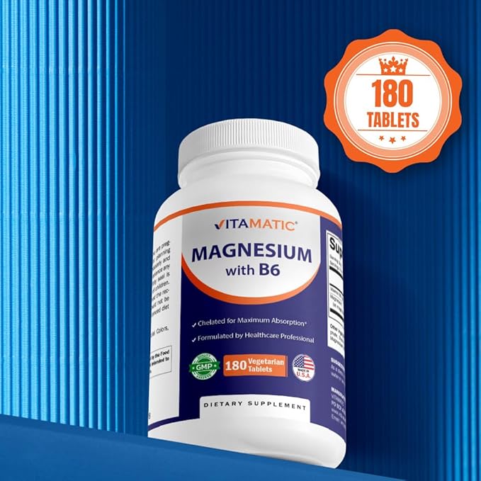 Vitamatic Magnesium with B6-180 Vegetarian Tablets (Uncoated) - Added B6 for Maximum Absorption - Supports Muscle, Joint, and Heart Health - 2 Pack