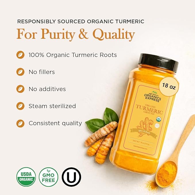HQOExpress Organic Ground Turmeric Powder – USDA Organic, Non‑GMO, Kosher, Lab Tested –Chef Jar (18 oz) – Sustainably Grown, Traceable, Legacy Brand Since 1977