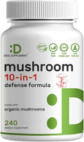 Organic 10-in-1 Mushroom Supplement, 240 Capsules – Lions Mane, Turkey Tail, Reishi, Cordyceps & More Mushroom Complex – Immune, Energy & Nootropic Brain Support – Non-GMO