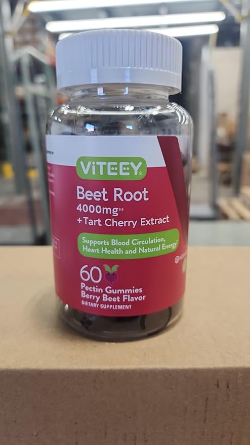 Viteey Beet Root Gummies 4000mg [from 80mg of 50:1 Extract] with Tart Cherry - for Healthy Blood Pressure Support - Vegan, Gelatin Free, Gluten Free-Tasty Chewable Berry Beet Flavored Gummy-60 Count