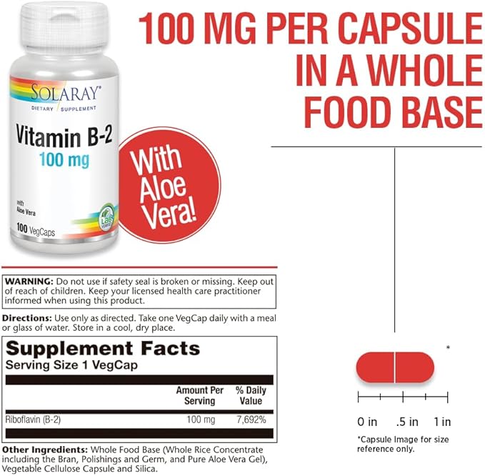 SOLARAY Vitamin B2 Supplement 100 mg for Men & Women - Riboflavin Vitamin B-2 Caps for Cellular Energy Support, Vit B2 100mg, Vegan, Non-GMO - 100 Veg Capsules