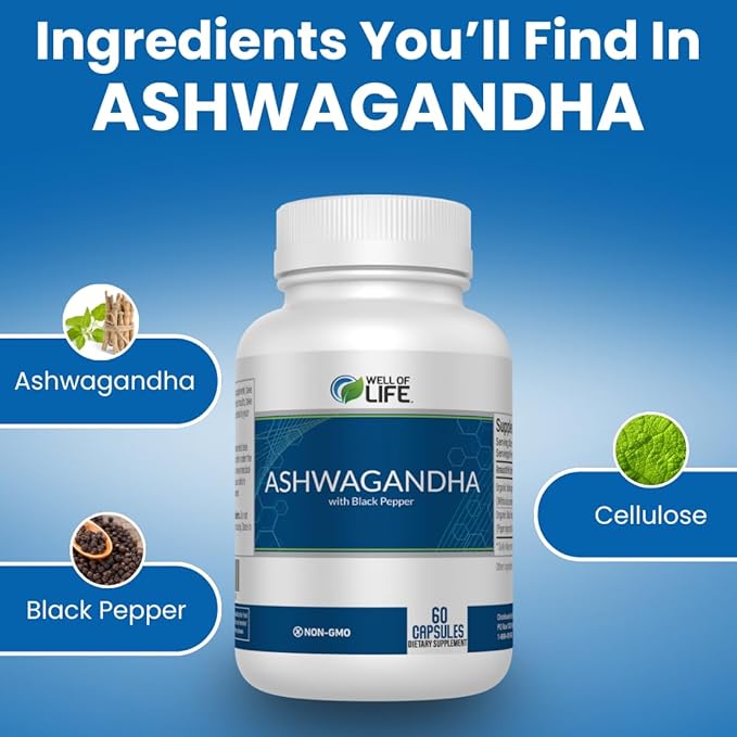 Well of Life Ashwagandha Supplements 1300mg Per Serving – with Black Pepper Extract for Calm, Focus & Sleep Support | 60 Vegan Capsules Non GMO GMP Certified USA Made