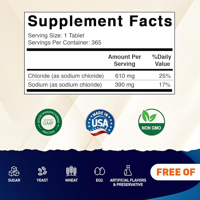 Vitamatic Sodium Chloride 1000mg – 365 Tablets -2 Bottles Electrolyte Replenisher & Hydration Support – Non-GMO, Gluten-Free