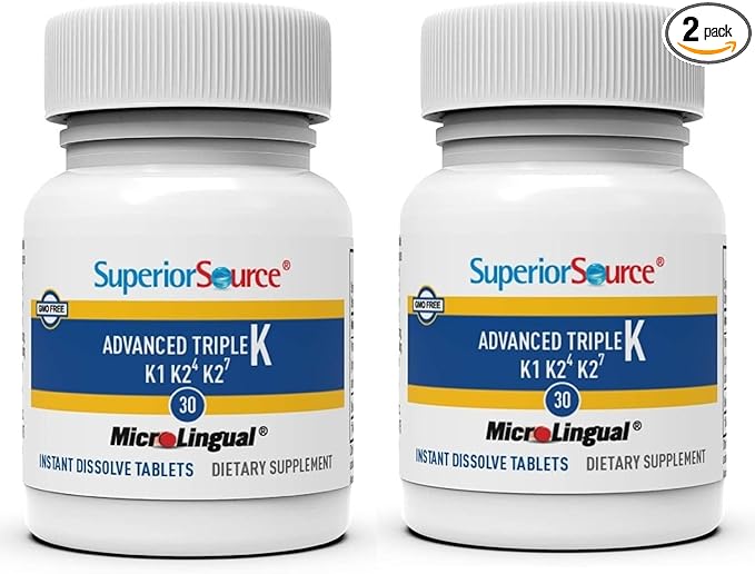 Superior Source Triple K: MK-4 500mcg, MK-7 50mcg, K1 500mcg, 30 Quick Dissolve Tabs, Bone/Heart/Immune Support, Non-GMO, 2-Pack