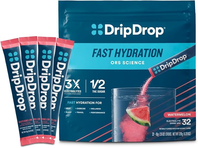 DripDrop Hydration Packets - Watermelon - Single Serve Electrolytes Powder Drink Mix - Non-GMO, Gluten Free, Vegan - 32 Sticks