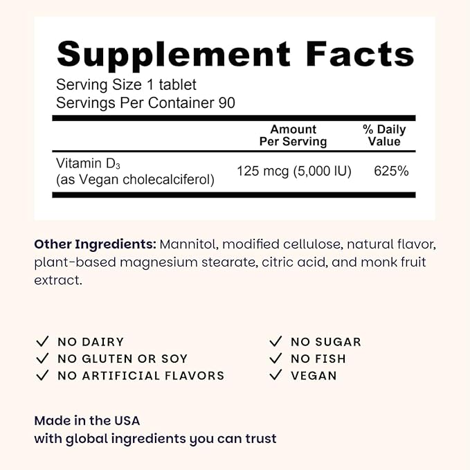 EZ Melts Dissolvable Vitamin D3 5,000 IU - Vegan Vitamin D Supplement for Bone & Teeth Support - No Artificial Flavors - Plant-Based & Non-GMO - Green Apple - 90 Dissolvable Tablets (90 Servings)