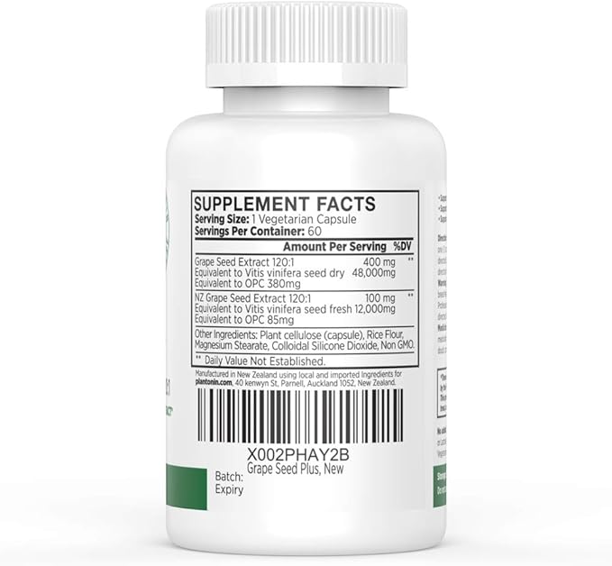 Grape Seed Extract Plus-Vitis Vinifera (60 Capsules)-60,000 mg Strength, 60 Vegan Capsules, 465mg Polyphenols (Proanthocyanidins), Potent 120:1, 2 Month Supply, Non-GMO and All-Natural