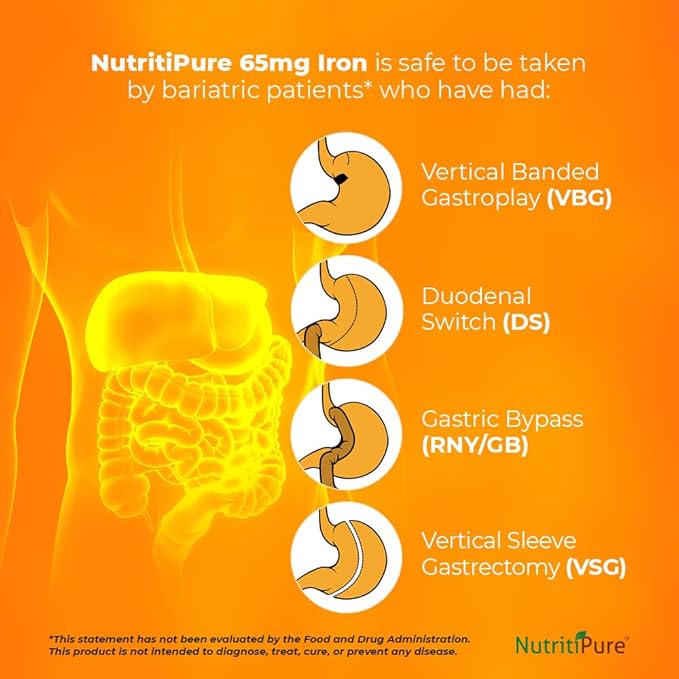 Chewable Carbonyl Iron 65mg with 270mg Vitamin C – Bariatric Friendly Tablet (Non-Gummy), Sugar-Free Orange Flavor - Iron Supplement – 60 Tablets (60 Day Supply)