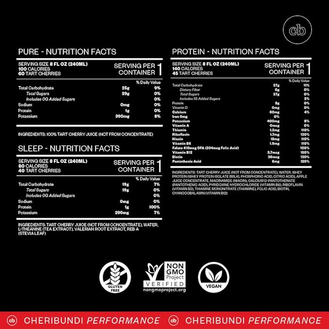Cheribundi Tart Cherry Juice Power Pack | Variety Pack | Pure, Protein & Sleep Flavors | Athletes Recovery Drink | Promotes Restorative Sleep, Muscle Recovery & Boost Performance | 8 floz (12 Pack)