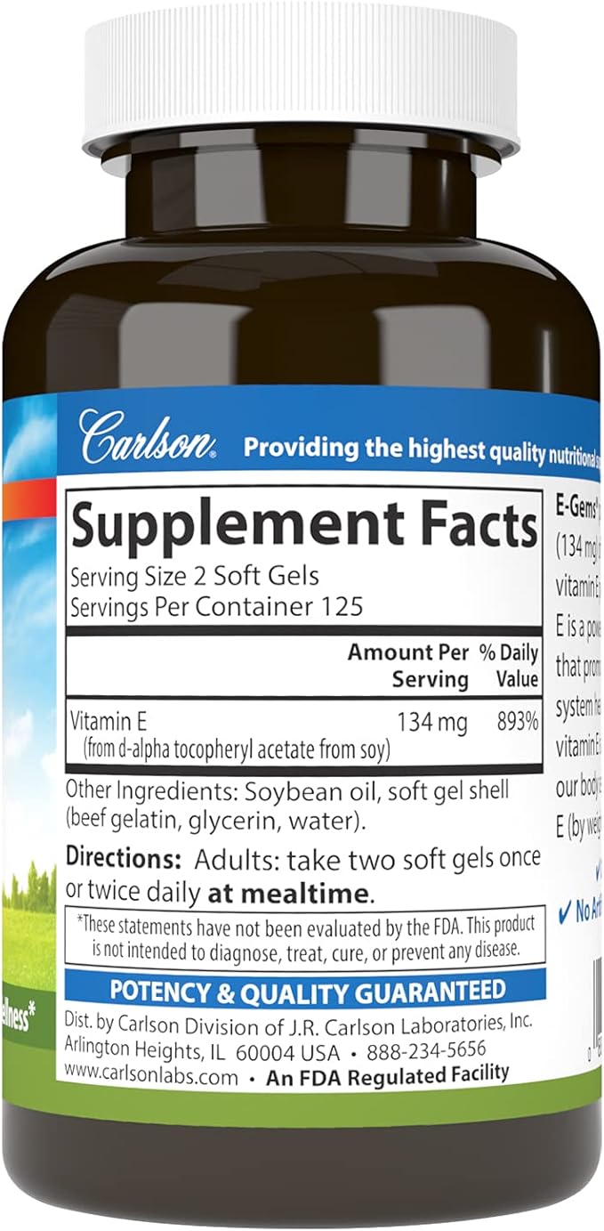 Carlson E-Gems 200 IU (134 mg), Natural-Source Vitamin E, Optimal Wellness, 250 Soft Gels