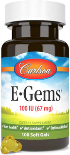 Carlson - E-Gems, 100 IU (67 mg), Natural-Source Vitamin E, Heart Health & Optimal Wellness, Antioxidant, 100 Soft Gels