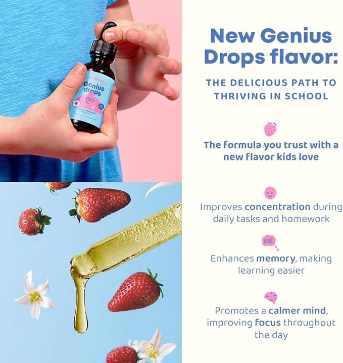 JoySpring Genius Drops Smartberry Vanilla | Herbal Focus Support for Kids with Ginkgo Biloba, Licorice Root, Gotu Kola Extract, Peppermint Leaf | Liquid Formula|1fl oz (30 Servings)