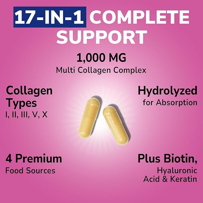 Collagen Peptides Capsules for Women & Men, Type I, II, III, V, X, Biotin, Hyaluronic Acid & Keratin, Vitamin C, Niacinamide, Turmeric & Ginger, Skin, Hair, Nail, Flexibility, 120 Count