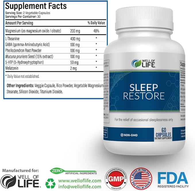Well of Life Sleep Restore Supplement with Melatonin & Magnesium – Tranquil Sleep Support with L-Theanine GABA 5-HTP | Supports Relaxation & Calm Night Routine | 60 Vegan Capsules