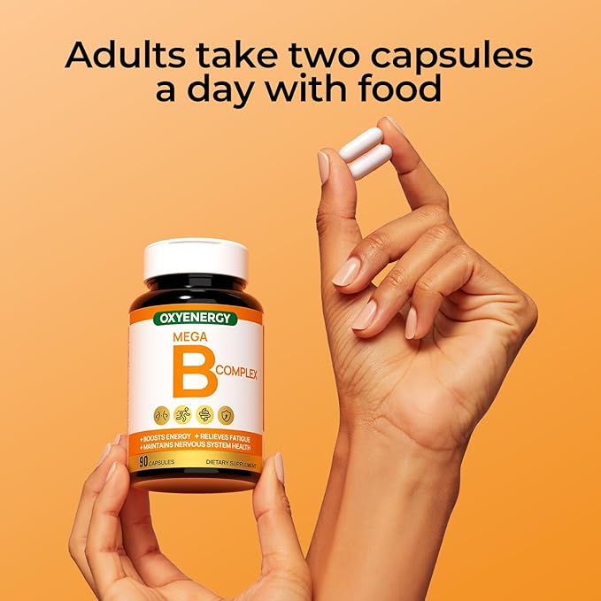 OxyEnergy Mega Vitamin B Complex for Women and Men, with Choline Inositol Biotin Folic Acid B1 B2 B3 B5 B6 B12, Neurological Health Support Cellular Energy - 90 Capsules,45Days Supply