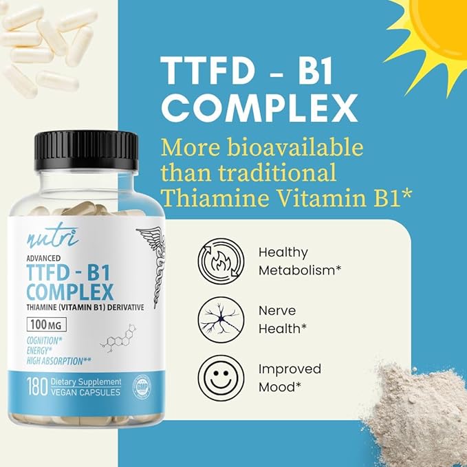 Nutri TTFD Thiamine B1 Supplement - 100mg 180 Servings - Thiamine TTFD Supplement - With 6mg Magnesium - No Toxic Fillers - TTFD Thiamine Tetrahydrofurfuryl Disulfide - Third Party Lab Tested