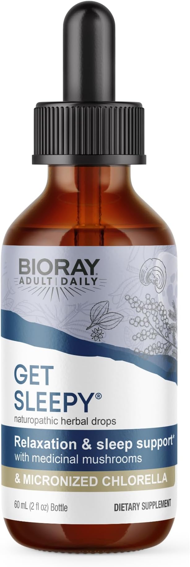 BIORAY Daily Get Sleepy - 2 fl oz - Relaxation & Rest Support - With Medicinal Mushrooms & Micronized Chlorella - Non-GMO, Vegan, Gluten Free - Approx. 30 Servings