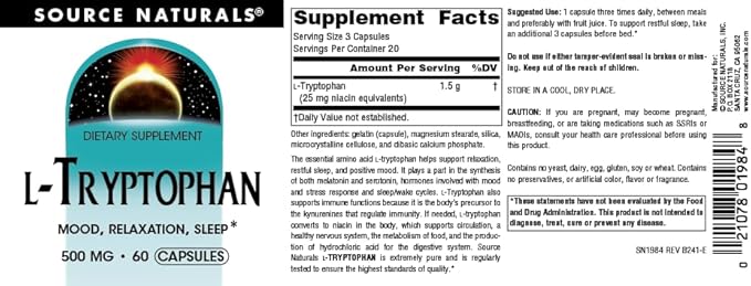 Source Naturals L-Tryptophan, for Mood, Relaxation, and Sleep*, 500mg - 60 Capsules