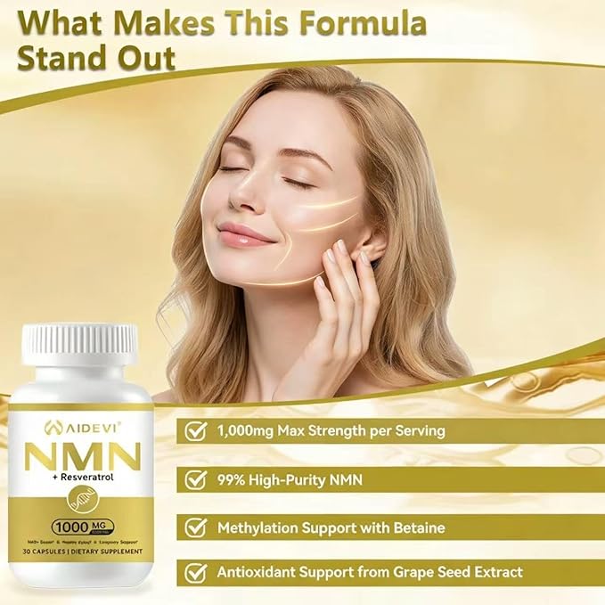 NMN Resveratrol Supplement, 1000mg, 99% Purity, NAD+ for Anti-Aging, DNA Repair, Cellular Energy and Immune Support, 30 Capsules