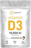 Micro Ingredients Vitamin D3 10,000 IU, 400 Softgels | Virgin Coconut Oil | Cholecalciferol Form | Bone, Immune & Heart Support | Easy to Swallow, Non-GMO