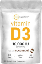 Micro Ingredients Vitamin D3 10,000 IU, 400 Softgels | Virgin Coconut Oil | Cholecalciferol Form | Bone, Immune & Heart Support | Easy to Swallow, Non-GMO