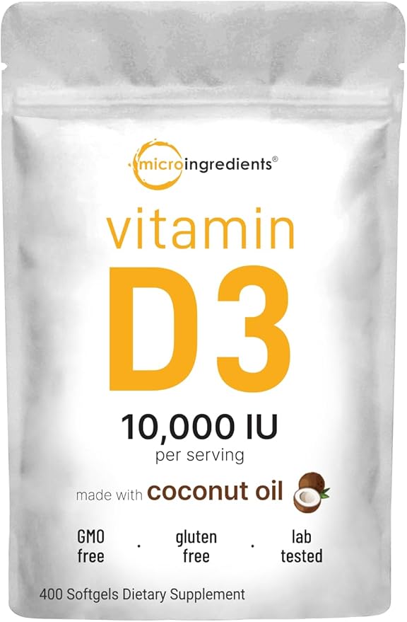 Micro Ingredients Vitamin D3 10,000 IU, 400 Softgels | Virgin Coconut Oil | Cholecalciferol Form | Bone, Immune & Heart Support | Easy to Swallow, Non-GMO