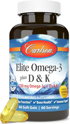 Carlson - Elite Omega-3 Plus D & K, 700 mg Omega-3s + D3 & K2, Function, Bone Health & Immune Support, Lemon, 60 Softgels