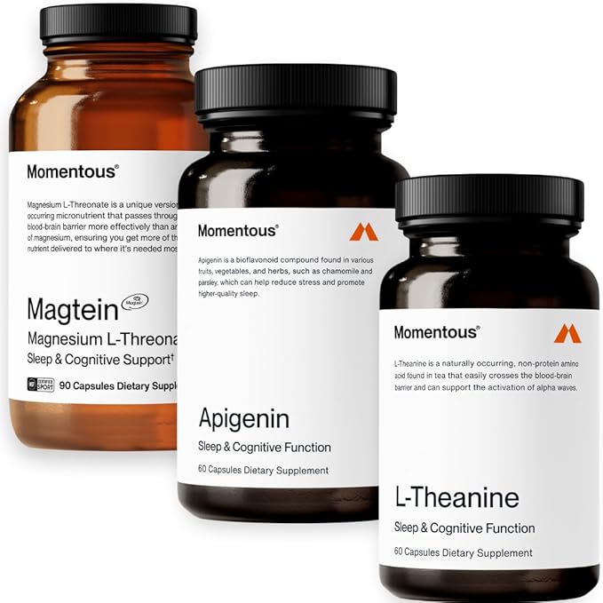 Momentous Magtein Magnesium L-Threonate 145mg, Apigenin Supplement, & L-Theanine Supplement - Supports Cognitive Function & Promotes Rest, Relaxation, & Focus - NSF Certified, GMO-Free, Gluten Free